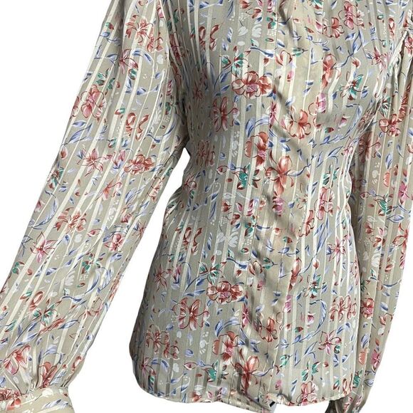 Linea V Button Up Shirt Women's 14 Multicolor Floral Print VTG Secretary Sheer - Picture 3 of 9